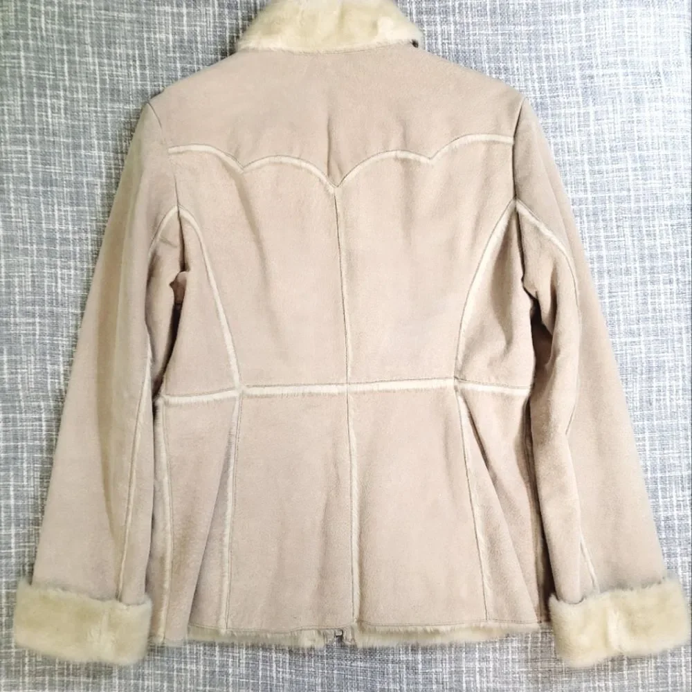 Y2K Guess Suede Leather Soft Faux Fur Lined Coat Light Tan Women's M
